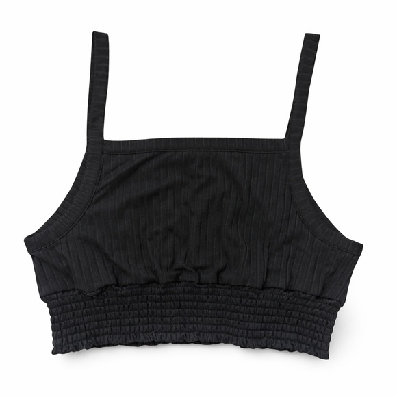 Mono B Tops - Mono B Black Ribbed Smocked Crop Tank Bralette
